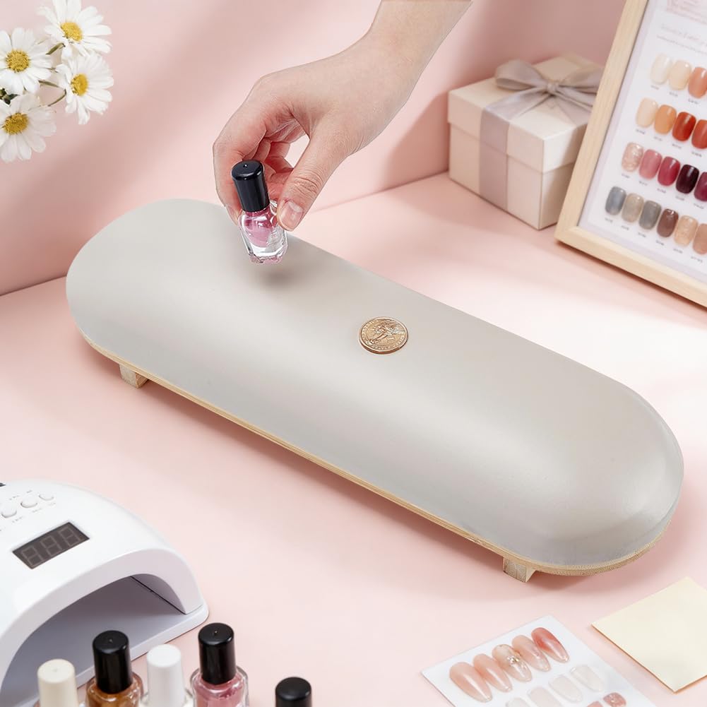 AHANDMAKER 1Pc Nail Arm Rest, Cleanable Imitation Leather Manicure Hand Rest Pillow Solid Wooden Base Nail Cushion Hand Holder Stand for Manicure Salon Use Acrylic Nails Supplies, Tan