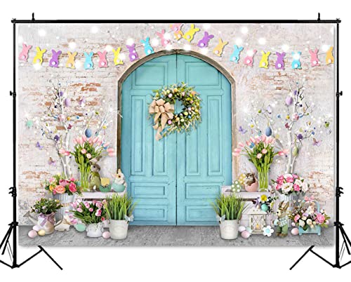 Mocsicka Easter Backdrop Blue Wooden Door with Brick Wall Bunny Rabbit Spring Photography Background Easter Day Party Decorations Photo Studio Props - size: 7x5ft (82x60 inch)