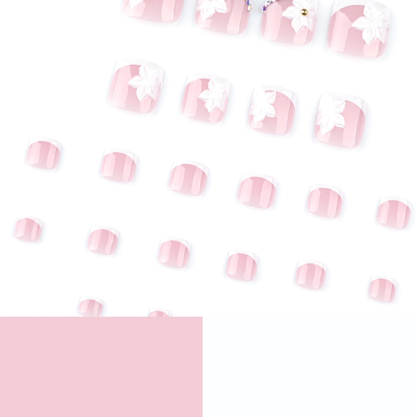 French Tip Press on Toenails Short Square Fake Toe Nails White Flower False Toenails 3D Floral Toe Press on Nails with Rhinestones Design Glossy Pink Acrylic Toenails Summer Nails for Women 24Pcs