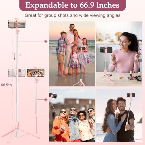 Selfie Stick Tripod with Fill Light, Phone Selfie Stick,Durable Stainless Steel Design,Bluetooth Remote Control,and Stable Three-Legged Support for Live Broadcasts,Video Shooting (Pink) - color: Pink