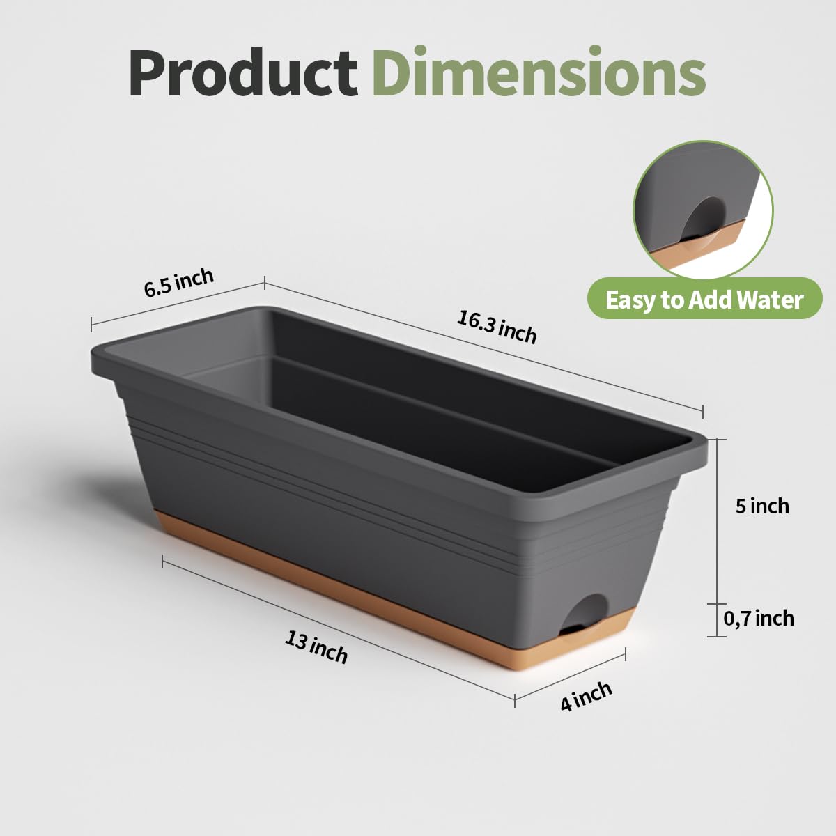 LESOASIS Window Box Planter, 6 Pack Plastic Vegetable Flower Window Planters Boxes 16 Inches Rectangular Flower Pots with Drainage Holes and Saucers (Grey)