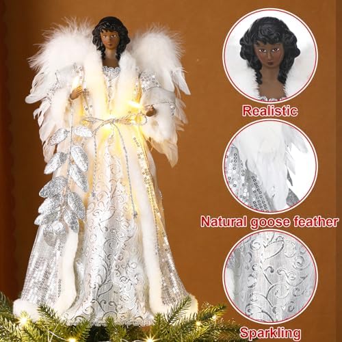 16 Inch Christmas Lighted Angel Tree Topper with Illuminated Wings Silver Leaves Gown, Christmas Tree Top Decor Ornament Flying Fairy Figurine Holidays Indoor Home Decor (Brown)