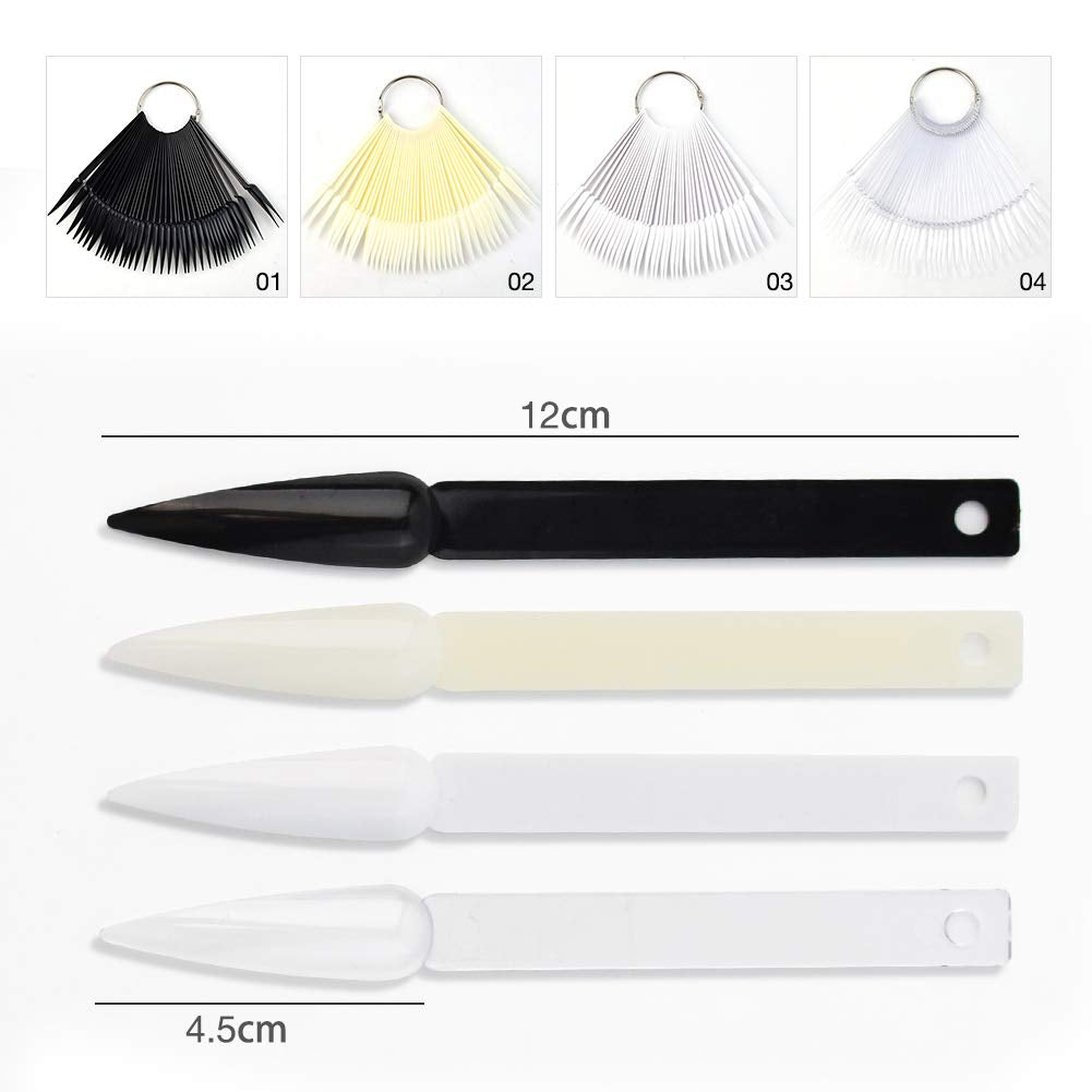 QIMYAR 160 Pcs False Nail Sticks - Fan Shaped Swatch Sticks, Display Board, Transparent, Black, Natural, Milky Colors, Stiletto Tips