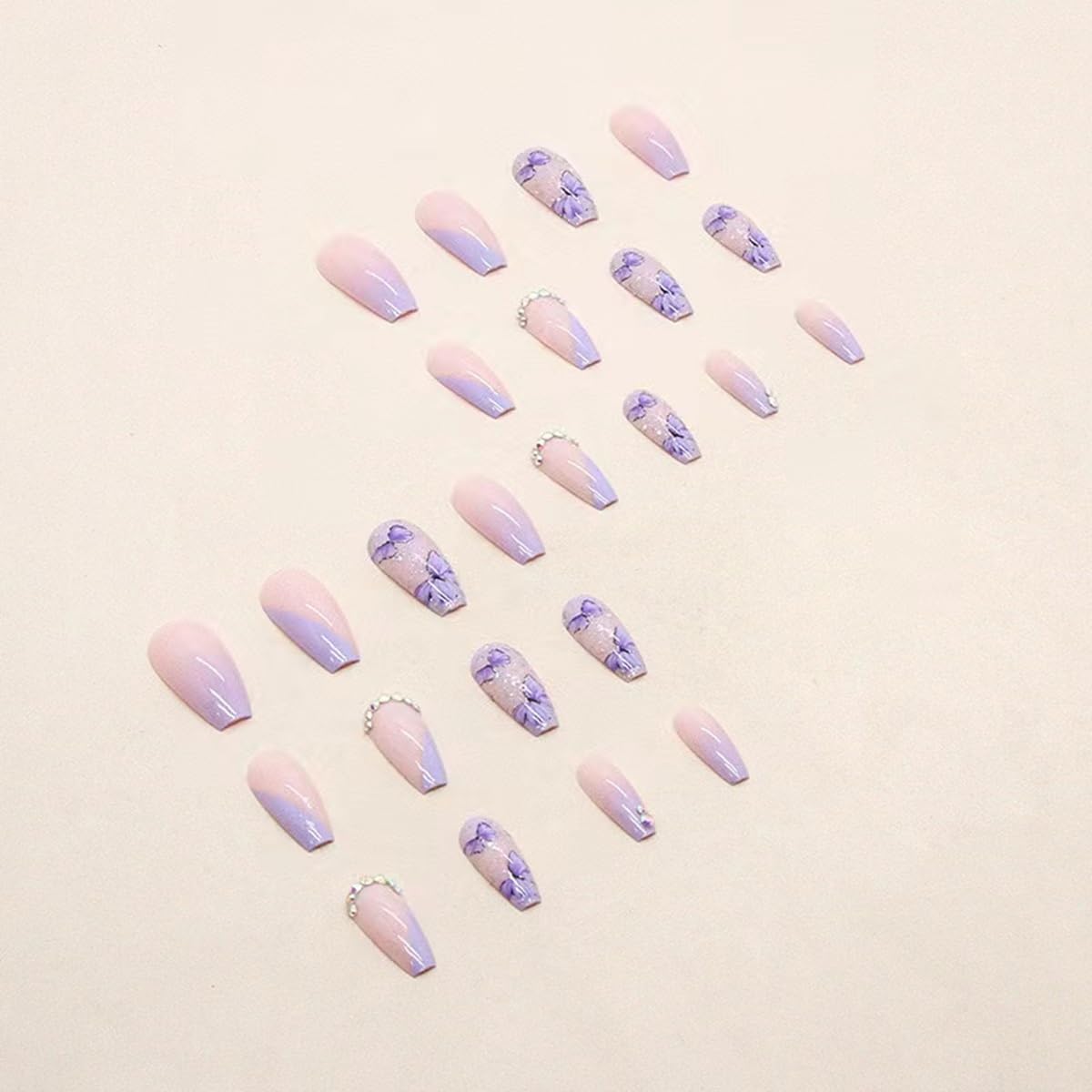 Medium Press on Nails Coffin - Purple Fake Nails with Butterfly Design - Rhinestone, Ombre Full Cover Stick on False Nails -for Women 24 Pcs
