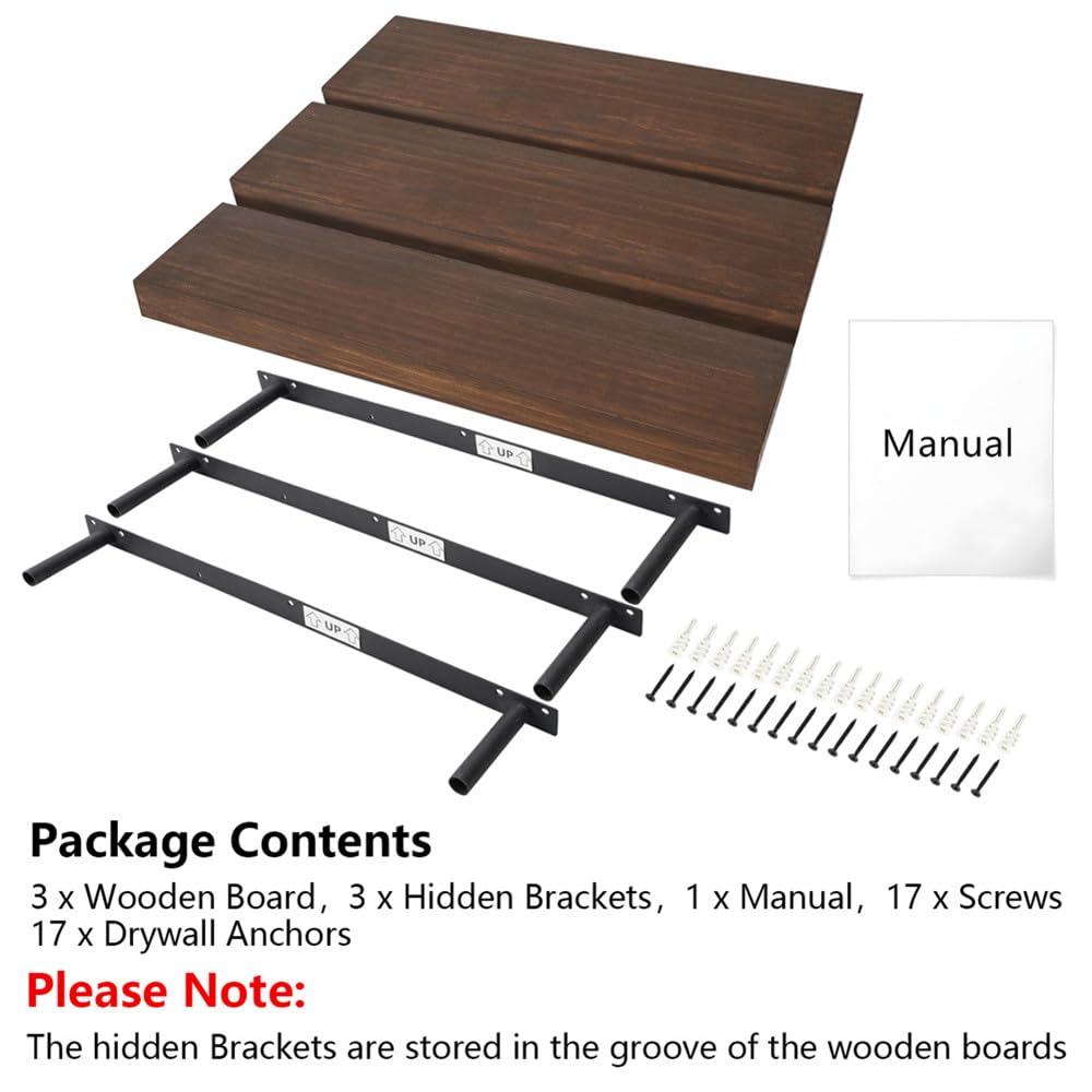 Zuiguoshan Wood Floating Shelves for Wall Set of 3, 22 Inch Rustic Floating Shelf Wall Mount, Solid Wooden Bathroom Floating Shelves for Kitchen, Bedroom, Living Room - Dark Walnut
