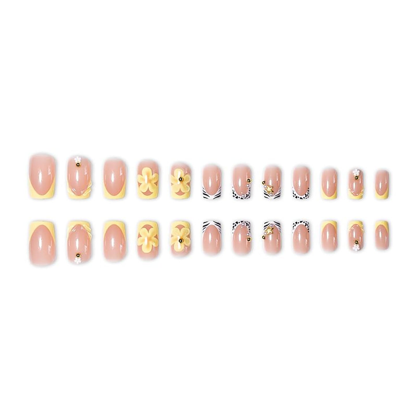 RUOKEXIN Short Press on Nails French Tip Fake Nails Square False Nails with 3D Flower Designs Orange Nail Press ons Sparkly Artificial Nails for Women 24Pcs