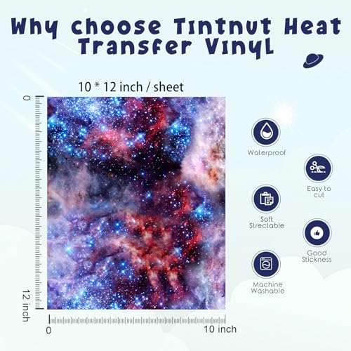 Tintnut Galaxy Heat Transfer Vinyl - 10 Sheets Bundle 10x12 Inch Stardust Starry Sky Background HTV Iron on Vinyl Watercolor Clouds Patterned for DIY T-Shirts Hats Coats Handbags Pillow Crafts - color: Galaxy-10