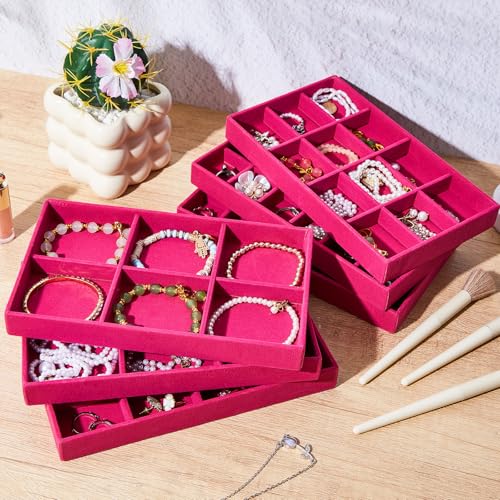 Junkin 12 Pcs Jewelry Tray Velvet Stackable Jewelry Organizer Trays Divided Earring Accessories Storage Containers Box (Rose Red) - color: Rose Red