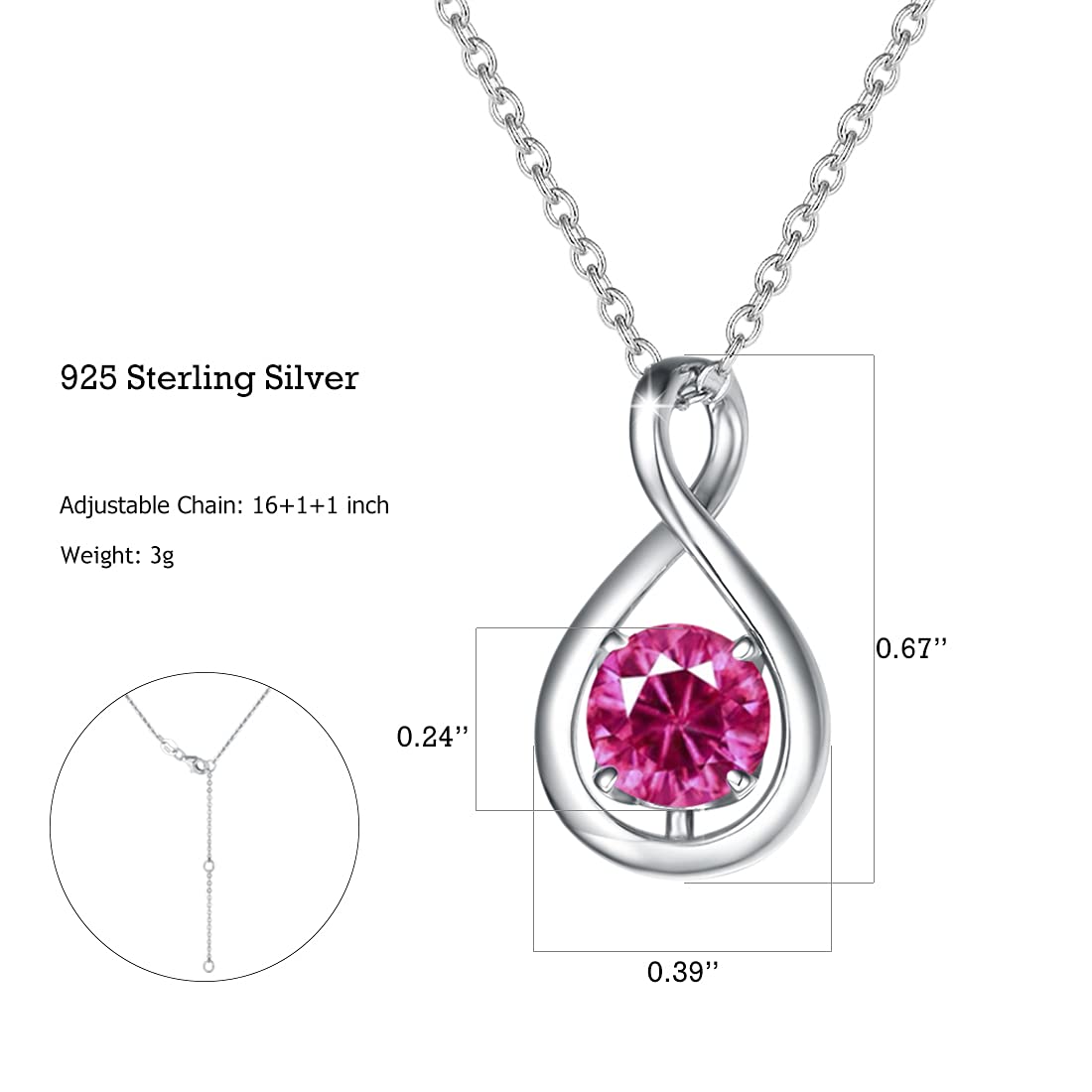 FANCIME Pink Tourmaline Birthstone Necklace for Women Sterling Silver October Gemstone Infinity Pendant Fine Jewelry Graduation Birthday Mothers Day Gifts for Women Her, Chain 16"+2" Extend