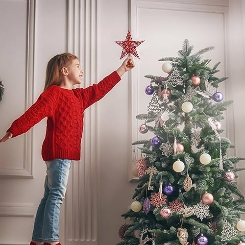 DERAYEE Christmas Star Tree Topper, Xmas Red Glittered Treetop Metal Hollow Tree Star for Christmas Tree Decorations, Holiday Party Indoor Decor