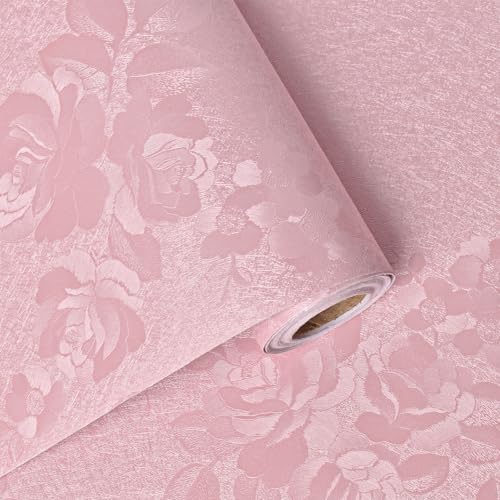 Pink Wallpaper Silk Embossed Floral Pink Contact Paper Peel and Stick Self Adhesive Wallpaper for Bedroom Kids Room Decor Nursery Textured Flower Contact Paper for Cabinets Liner 197inL 17.7inW - color: Pink, size: 17.7" x 197"