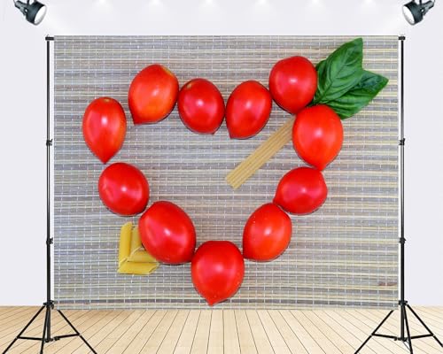 Trykid 8x8ft Heart Shaped Tomato Backdrop Fresh Food Pasta Scenery Photography Background Kitchen Themed Cooking Party Decoration Tapestry Photo Booth Prop Fabric - size: 8x8ft