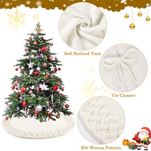 TOCHGREEN White Knitted Christmas Tree Skirt 36 inches Chunky Cable Knit Thick Rustic Christmas Tree Mat Farmhouse Decor Xmas Tree Base Cover for Home Holiday New Year Party Decor (White, 36inch)