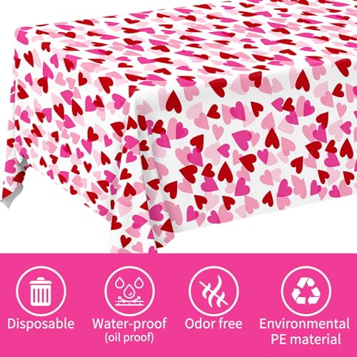 Valentine's Love 3-Pack Tablecloths: Waterproof & Disposable Plastic Covers, 54x108", Romantic Heart-Themed Decorations for Memorable Party Tables - style: heart