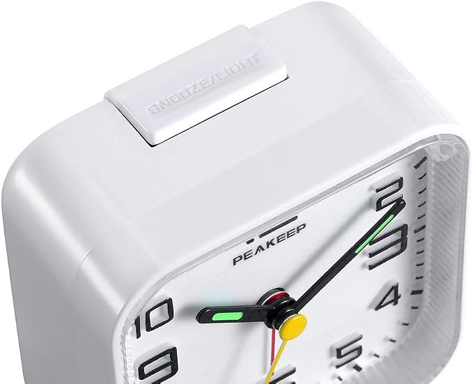 Peakeep 3D Numbers No Tick-Tock Analog Alarm Clock Classic Beep Sound | Snooze, Manual Light and Battery Powered Small for Travel (White-3D)