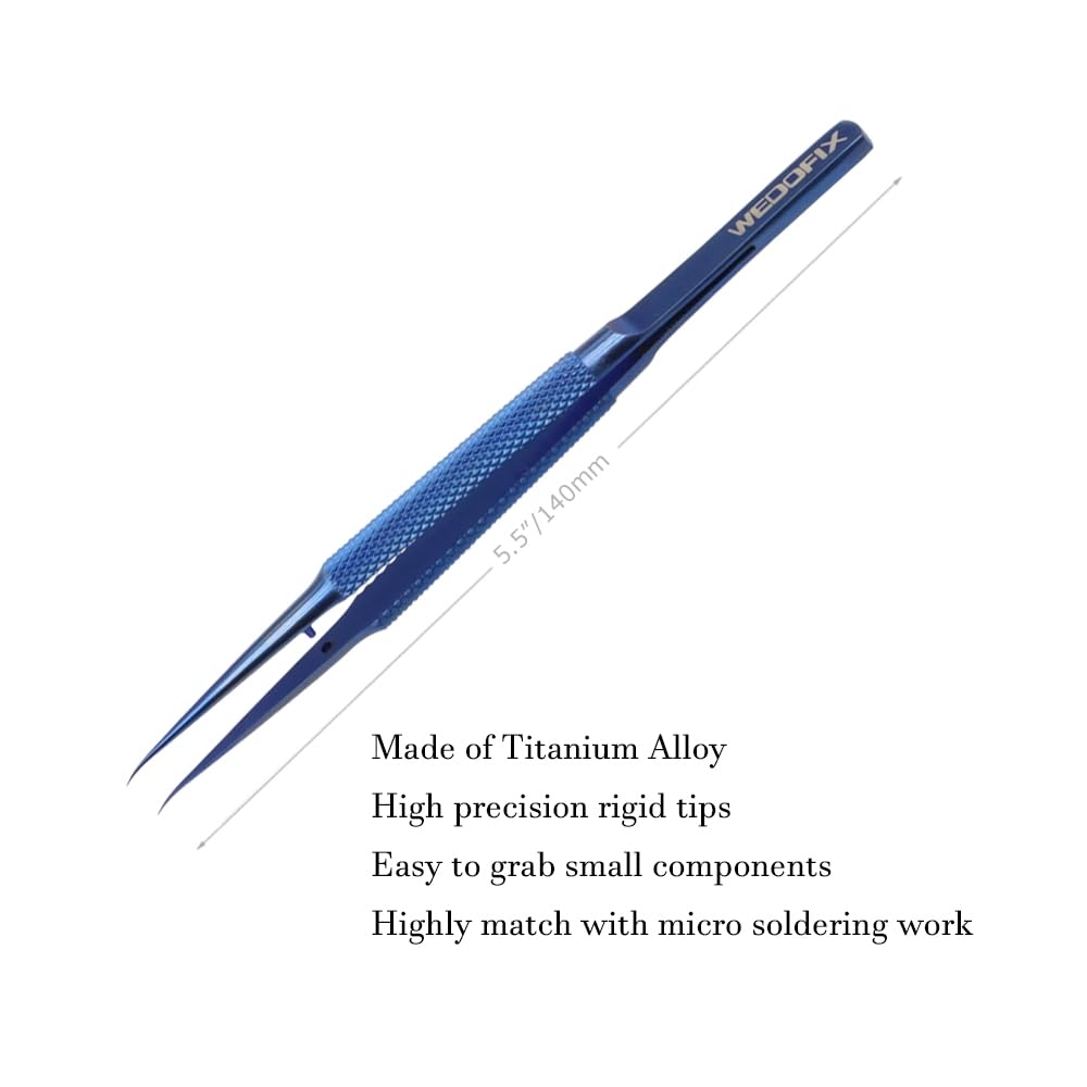 Precision Titanium Alloy Tweezers for Electronics Repair Non-magnetic Non-slip Jump Wire Microscope Tweezers for Micro Soldering Work PCB Motherboard Repair (Curved Tip)