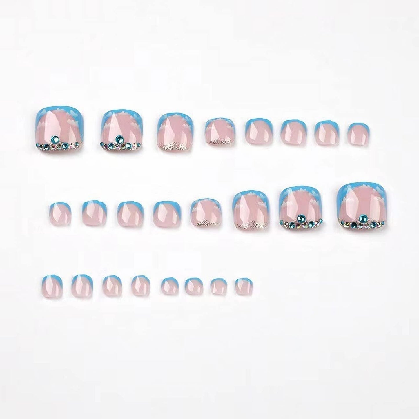 MISUD Press on Nails - Toe Glue on Nails with Blue French Tip, Acrylic Toenails Rhinestone Design 24 pcs