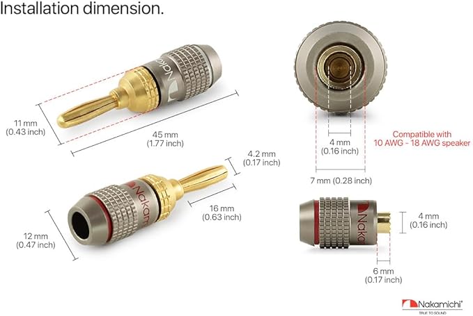 Nakamichi FanLock Excel Series 24k Gold Plated Banana Plugs 10 AWG - 18 AWG Gauge Size 4mm for Speakers Amplifier Hi-Fi Stereo Home Theatre Radio Audio Wire Cable Quick Connector, 10 Pcs (5-Pairs)