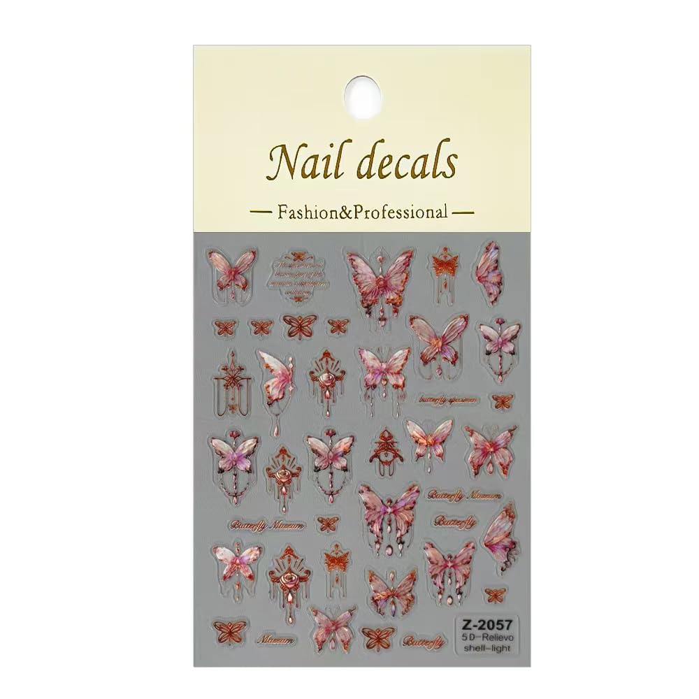 Butterfly Nail Art Stickers Decals Shell Light Butterfly Nail Decals 1PCS 5D Embossed Nail Stickers Bronzing Pink Design Spring Summer Manicure Accessories for Women DIY Nail Art Decorations