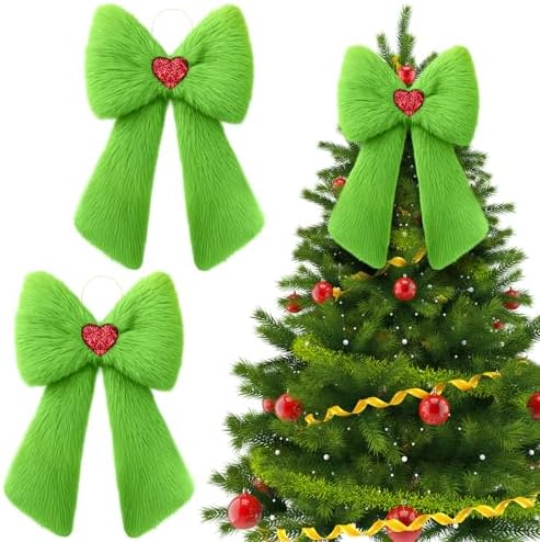 Soulchen 2 Pcs Extra Large Green Christmas Bows Ornaments 23.6" x 13.8" Lime Green Plush Christmas Tree Topper Decorations Furry Xmas Tree Topper for Wreath Door Window Fireplace Staircase Decor