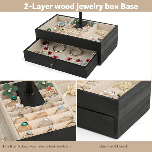 Meangood Jewelry Organizer Stand, 3-Tier Necklace Holder Jewelry Tree with Wooden Storage Drawer Box for Necklace Bracelet Earring Ring,Black - color: Dark Black