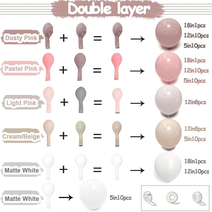 Pastel Pink & White Balloon Arch Kit, Double Stuffed – Dusty Pink, Blush, Beige, Cream & Matte White Latex Balloons for Baby Shower, Valentine’s, Bridal & Easter