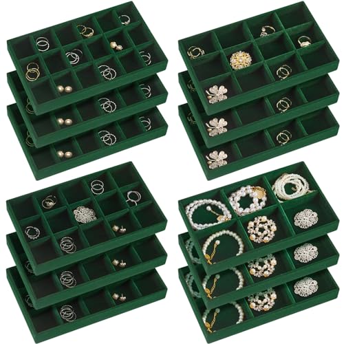 Junkin 12 Pcs Jewelry Tray Velvet Stackable Jewelry Organizer Trays Divided Earring Accessories Storage Containers Box (Rose Red) - color: Green
