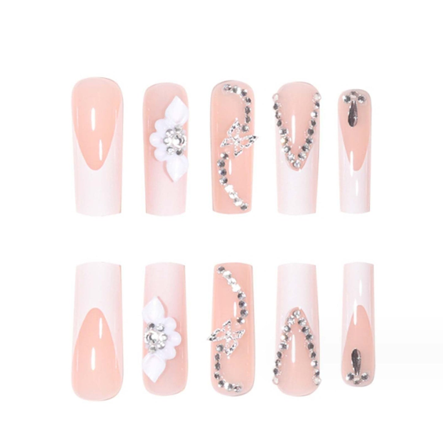 YoYoee Luxury French Press on Nails Daisy Gradient Nails Tips Long Square False Nails Bling Acrylic Crystal Gem Design Fake Nails for Women and Girls 24PCS