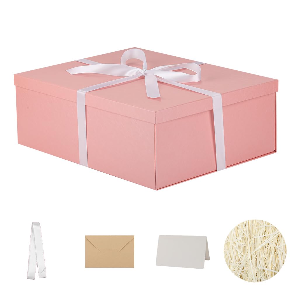Extra Large Gift Box with Lid 17x13x6 Inches, Pink Gift Boxes for presents Packaging for Birthdays, Valentine's Day, Christmas, Anniversaries (Include Shredded Paper Fill, Envelope Card Ribbon)
