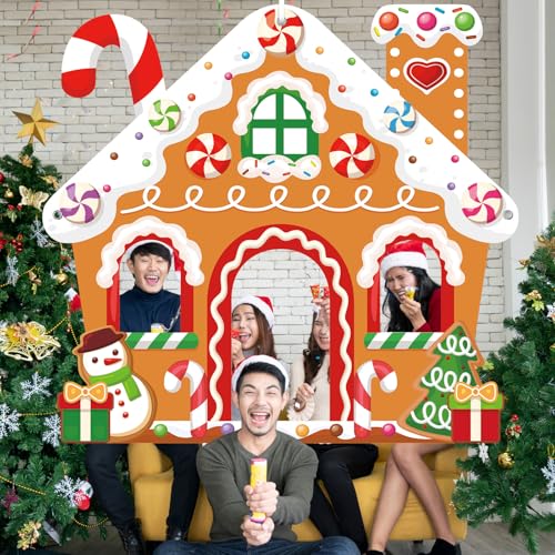 WovWeave Large Christmas Party Decorations Christmas Gingerbread House Photo Booth Props Selfie Frame Fabric Backdrop Xmas Tree Snowman Candy Background for Xmas Winter Holiday Decor 71 x 65 Inch - style: Gingerbread House
