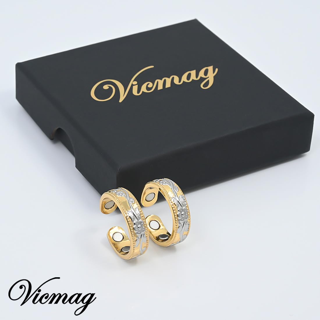 Vicmag Copper Magnetic Ring for Women Men 100% Solid Pure Copper Adjustable with Gift Box (Silver&Gold Plum)