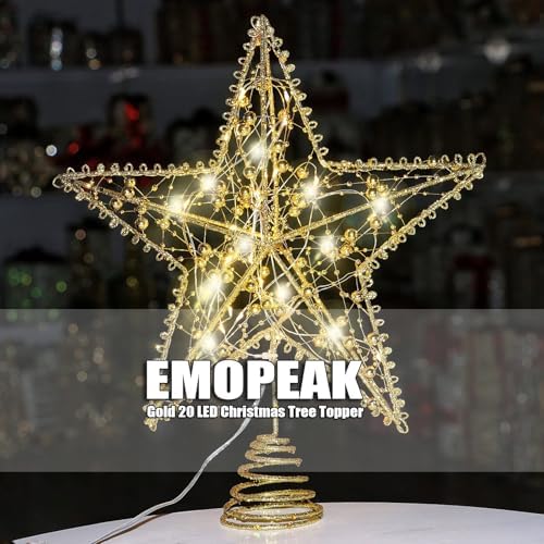 Emopeak Iron Art 20 LED Christmas Tree Topper, 8 x 10Inch Indoor Outdoor Star Treetop Light Two Modes (Keep Light ON/Flash) for 1.5Ft to 9Ft Christmas Tree (Gold, 8 x 10 Inch)