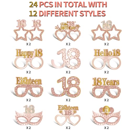 Guiruiy 24PCS 18th Birthday Eyeglasses Decorations for Girls, Pink Rose Gold Happy 18th Birthday Paper Eyeglasses Party Supplies, Eighteen Year Old Bday Glasses Decor - style: Rose Gold 18th