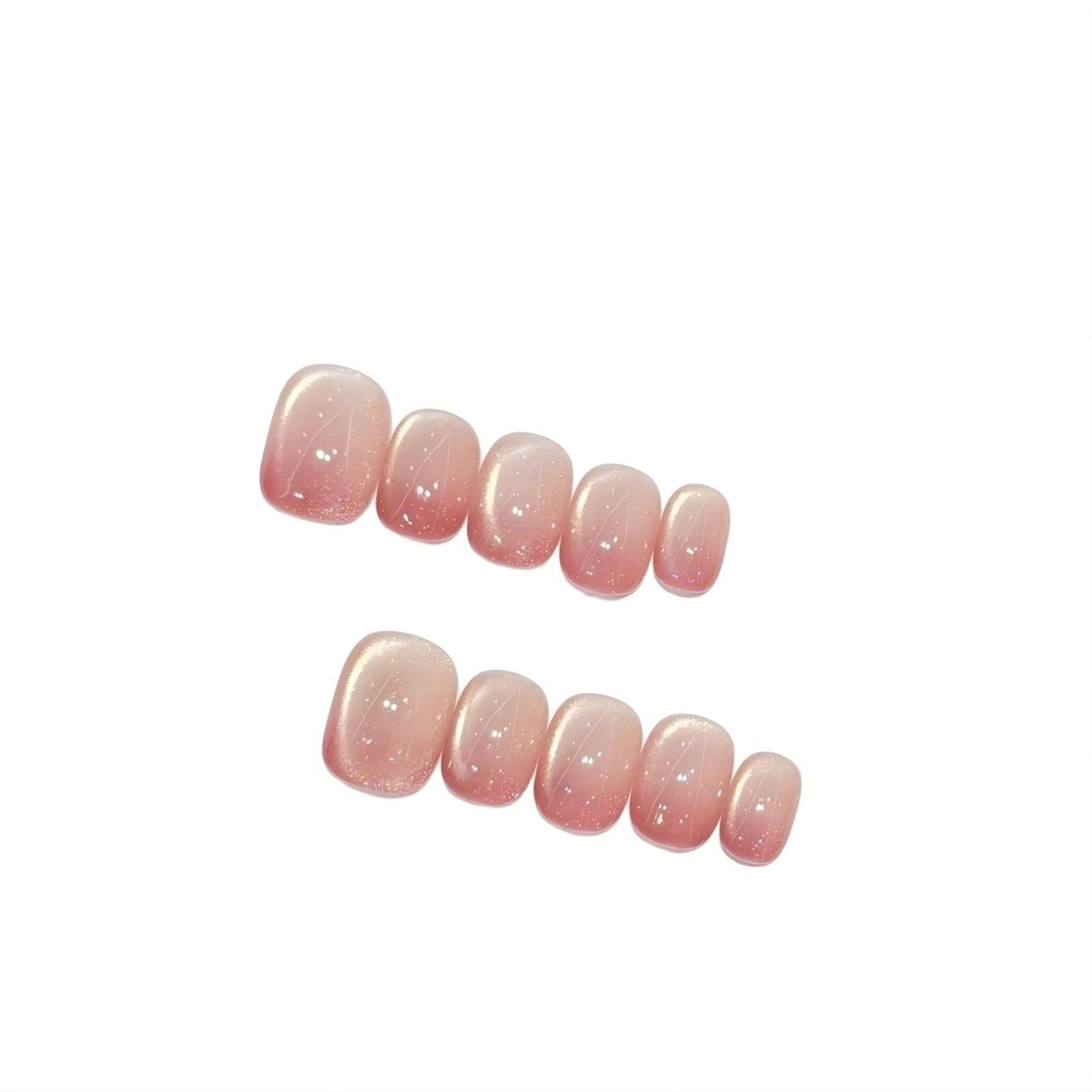 Sheer Nude Pink Cat Eye Press On Nails, Glitter Infused Short Squoval Fake Nails, Reusable Manicure Set (L)