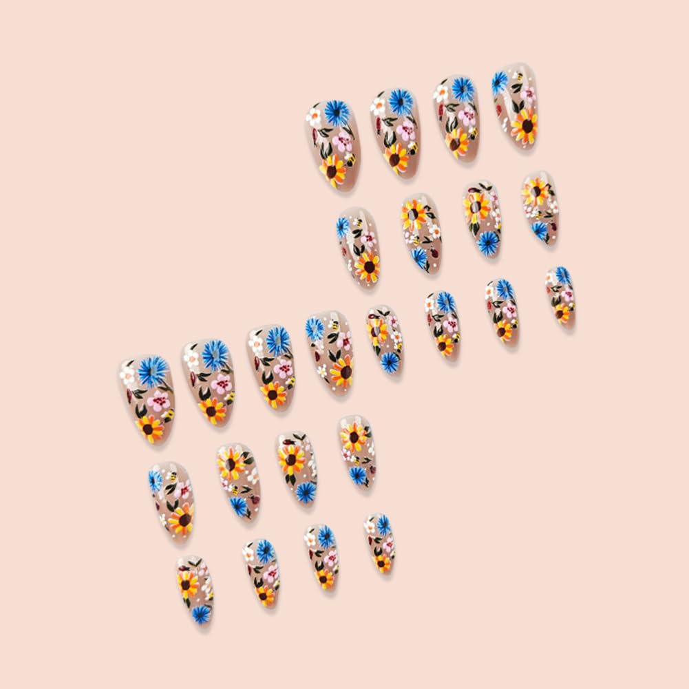 Spring Summer Press On Nails 24Pcs Medium Almond Fake Nails With Flower Daisy Designs Full Cover Glue On Acrylic False Nails Cute Floral Stick On Nails for Women and Girls