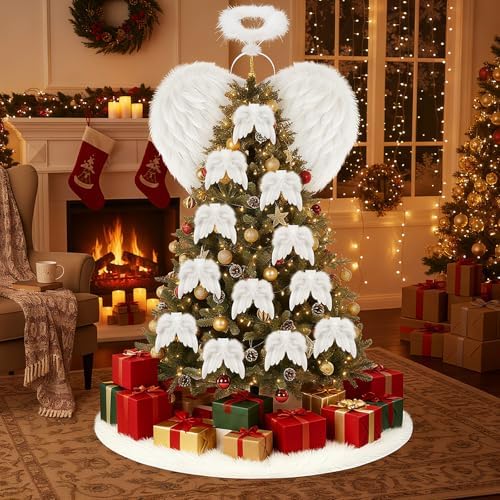 Janinka 15 Pcs Angel Feather Wing Christmas Tree Decors, 2 Feather Wings Topper with Aureole Headband, 1 White Plush Xmas Tree Skirt, 12 Wings Christmas Ornaments for Home Wedding Decor