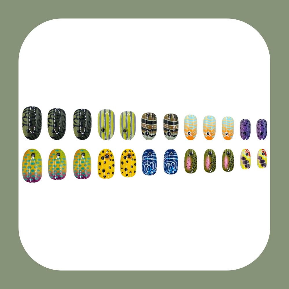 WLGDLH Press on Nails Short Oval Fake Nails, Summer False Nails Press ons Nail Art Tips with Ocean Fish Polka Dot Striped Design, Glossy Finish Glue on Nails Stick on Nail for Women Manicure 24 Pcs