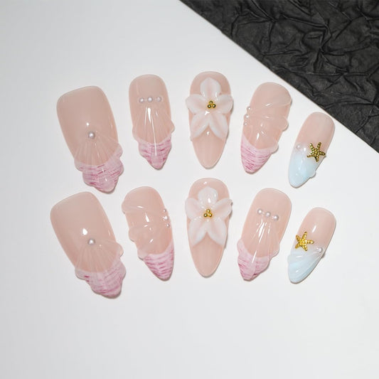 10Pcs Medium Almond Handmade Press On Nails | Easy Apply & Remove, Reusable Salon Quality Nails | Sheer Nude Beach Themed Fake Nails with 3D Seashell & Floral Accents (A022, M)