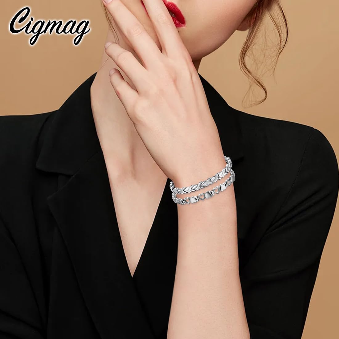 Cigmag 2PCS Magnetic Bracelets for Women Adjustable Titanium Steel Magnetic Bracelet with Strength Magnets Sizing Tool and Present Box