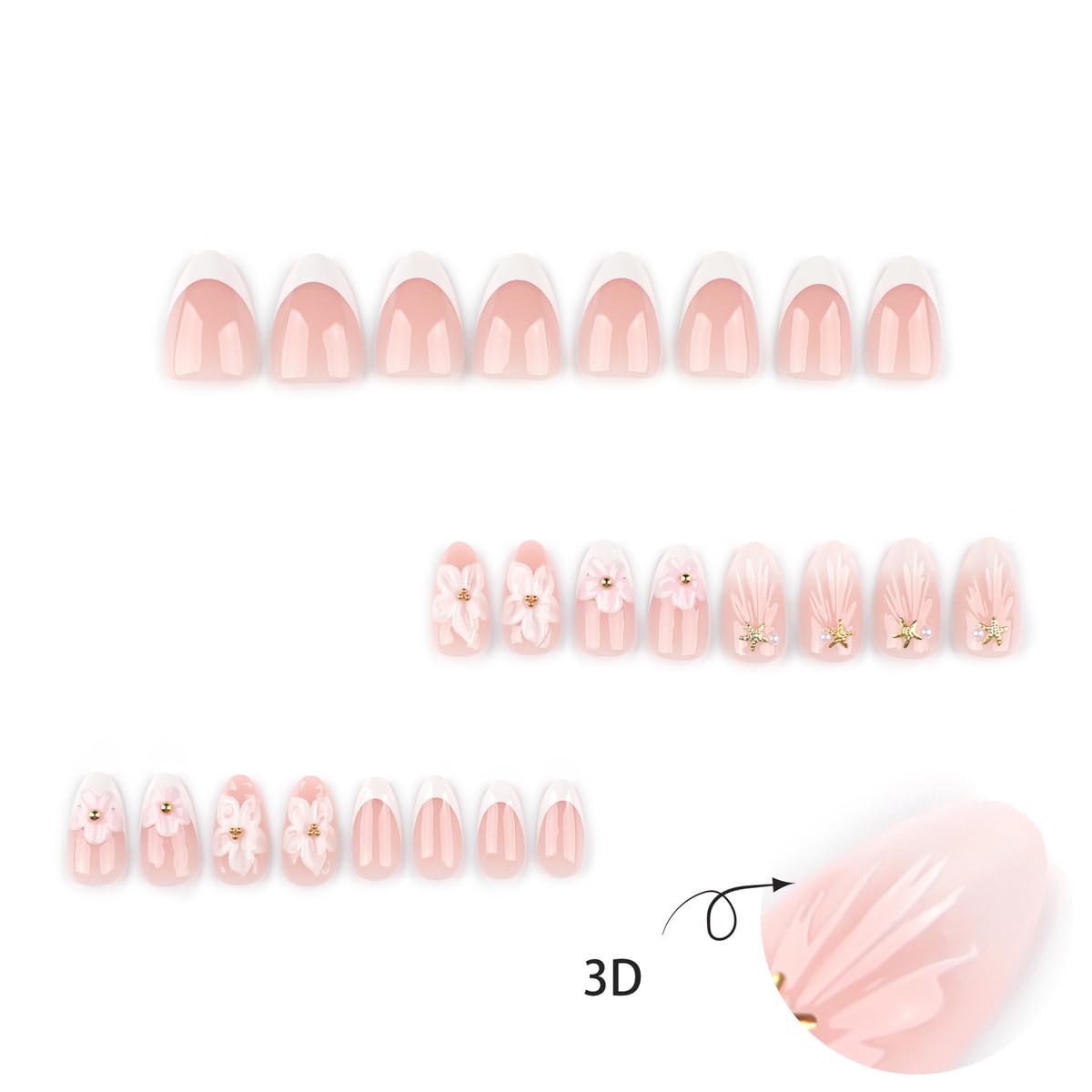 Short Almond Press on Nails - White French Tip with Pink Flower & Gold Starfish, Full Cover Glossy Fake Nails 24PCS for Women