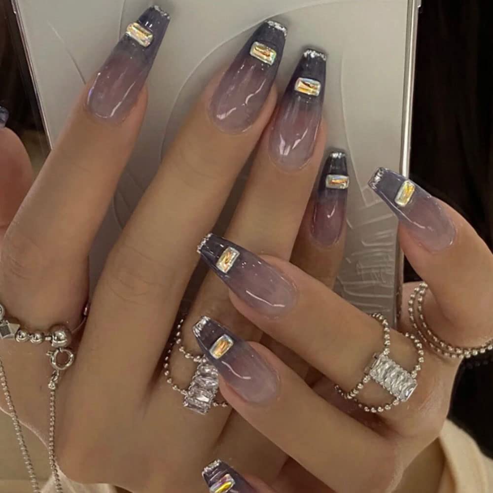 YoYoee Coffin Long False Nails French Black Press on Nails Acrylics Full Cover Gradient Fake Nails Tips for Women and Girls 24PCS