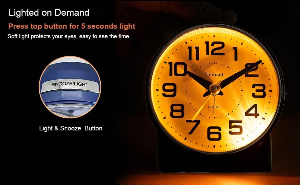 Tinload 4.3" No Ticking Analog Alarm Clock,Silent Readable for Seniors,Easy to Set,Gradual Rise Alarm,Big Numbers,On/Off Switch on Side,Gentle Wake,Snooze,Lighted on Demand,Battery Operated,Blue