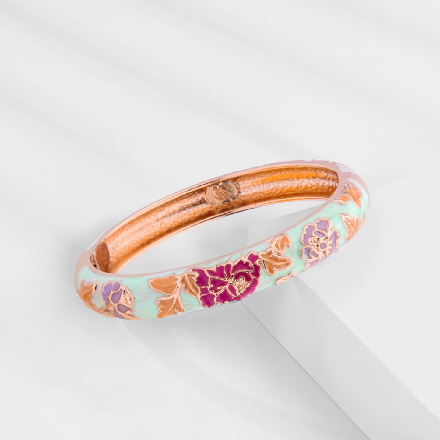UJOY Vintage Cloisonne Bracelets Flower Enameled Jewelry Plated Cuff Bangle for Women Gift Box 55A35-55A113 Light Green