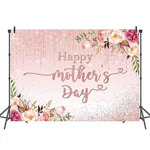 Mocsicka Mothers Day Backdrop Banner 7x5ft Pink Floral Happy Mothers Day Backdrop Decorations Thanks Mother's Day Photo Background Banner Party Decorations - size: 7x5ft