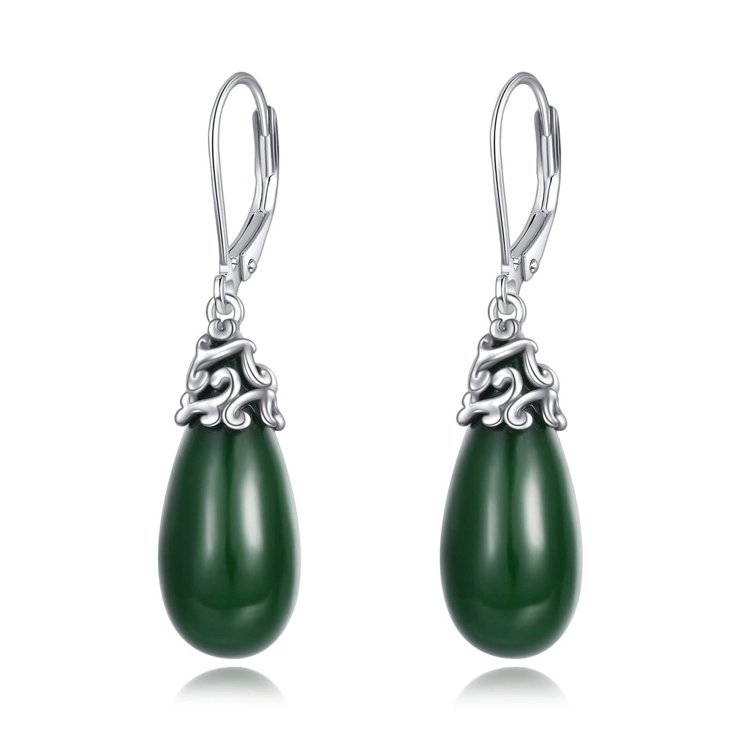 POPLYKE Jade Filigree Teardrop Drop Dangle Earrings Sterling Silver Leverback Earrings Jewelry