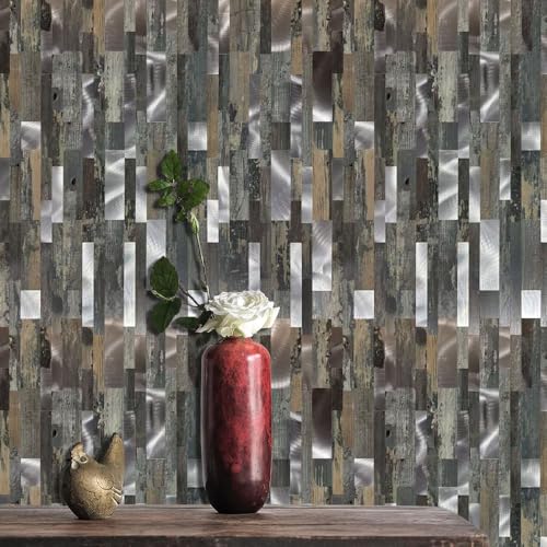 10-Sheet Peel and Stick Backsplash Tile, PVC Mixed Meta,l Stick on Kitchen, Bathroom Vanities, Fireplace Décor, Laundry Table(11.2" X 12.7") (10, Wooden Green+Frosted Silver) - color: Wooden Green+Frosted Silver