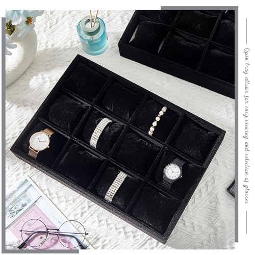 Henoyso 2 Pieces 12 Grid Velvet Watch Tray Jewelry Organizer Stackable Watch Bracelet Bangle Display Holder Adjustable Pillow(Black) - color: Black, size: 12 Grid
