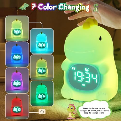 Kids Alarm Clock, Ok to Wake Clock for Kids, Toddlers Night Light Clock for Bedroom, Dinosaur Alarm Clock with Sleep Training and Sound Machine, Birthday Gift for Boys Girls Children