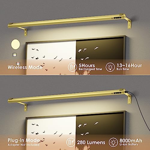 Battery Operated Wireless Picture Light，Rechargeable/Plugged in 31.5inch Painting Display Light,Remote Control Wall Lights with Three Modes and Timing for Art Frame (2 Gold) - color: 2 Gold