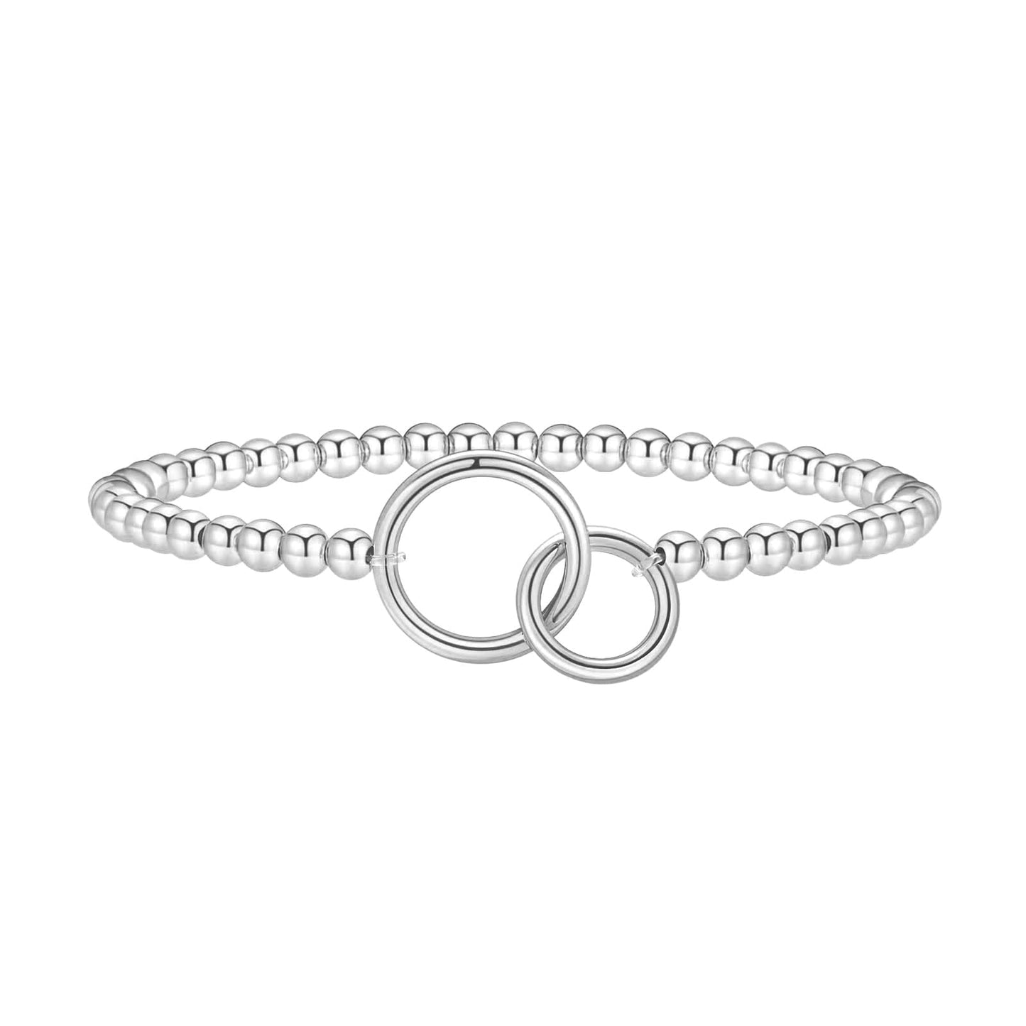 Beaded Bracelets for Women 14K Silver Gold Plated Stretch Handmade Ball Bracelets Cute Charm Bracelet Dainty Stackable Cross Heart Bow Wave CZ Circle Trendy Jewelry Easter Gifts (double-circle-silver)